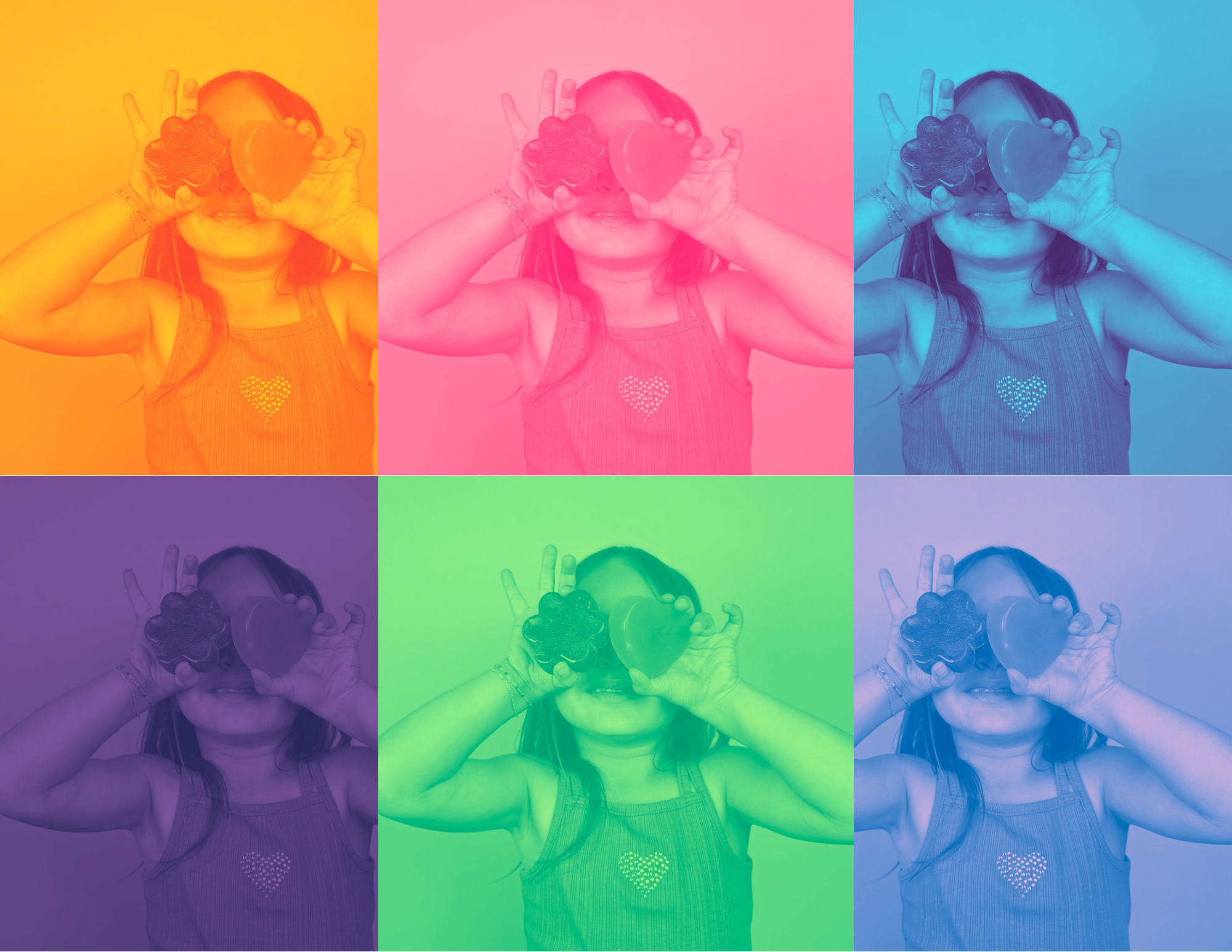 Multicolored grid of a girl holding a heart and flower soaps with each color quadrant.