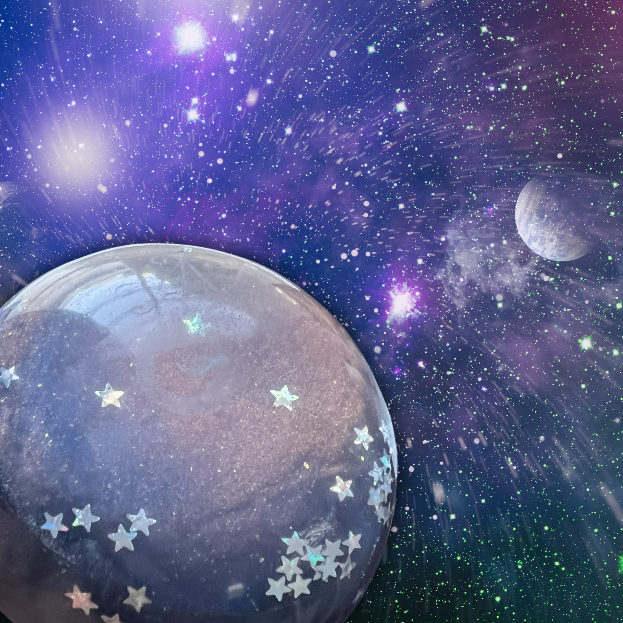 Galaxy Orb fantasy image with soap in foreground against a starry background with planets
