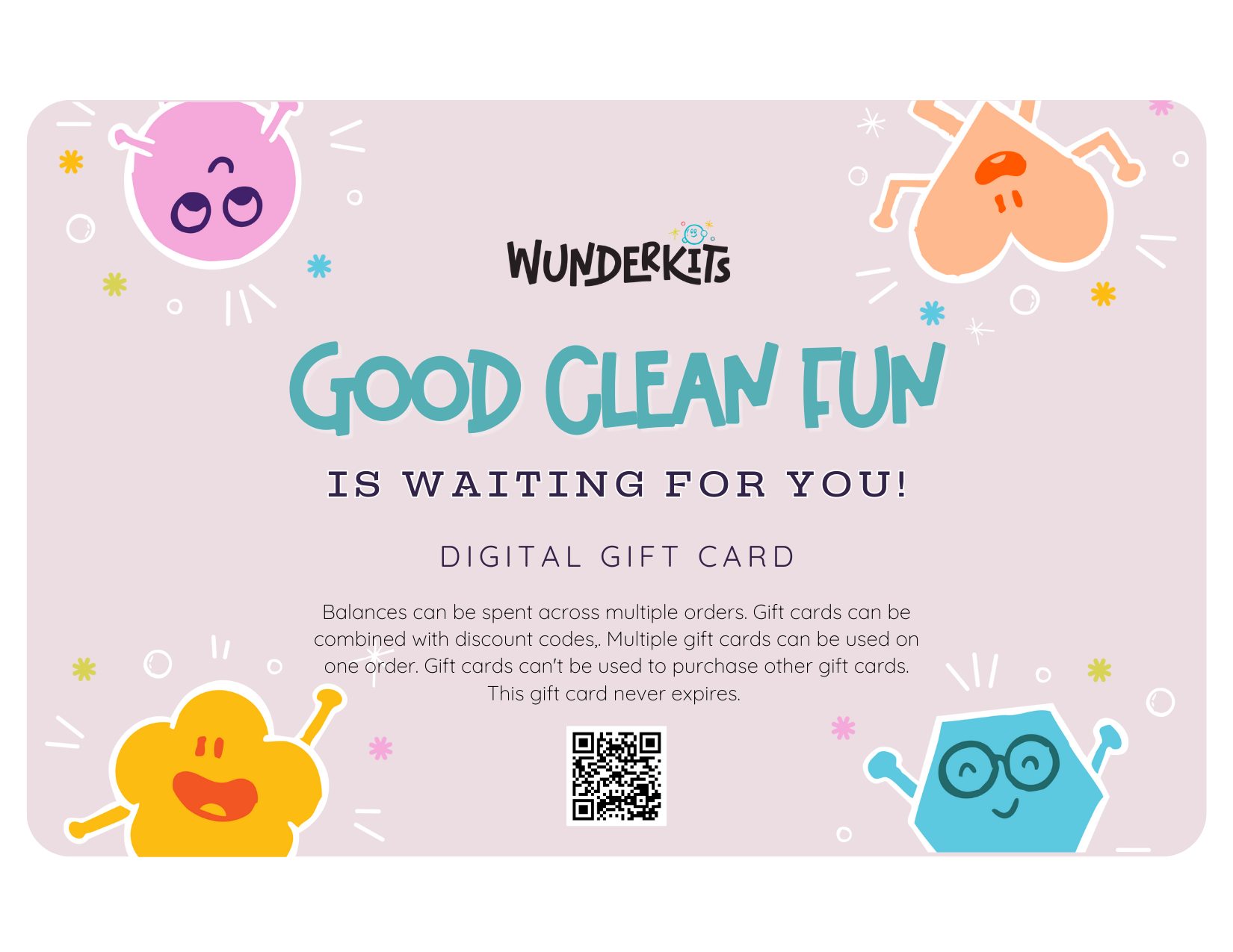 Digital gift card with colorful characters and text on a light pink background